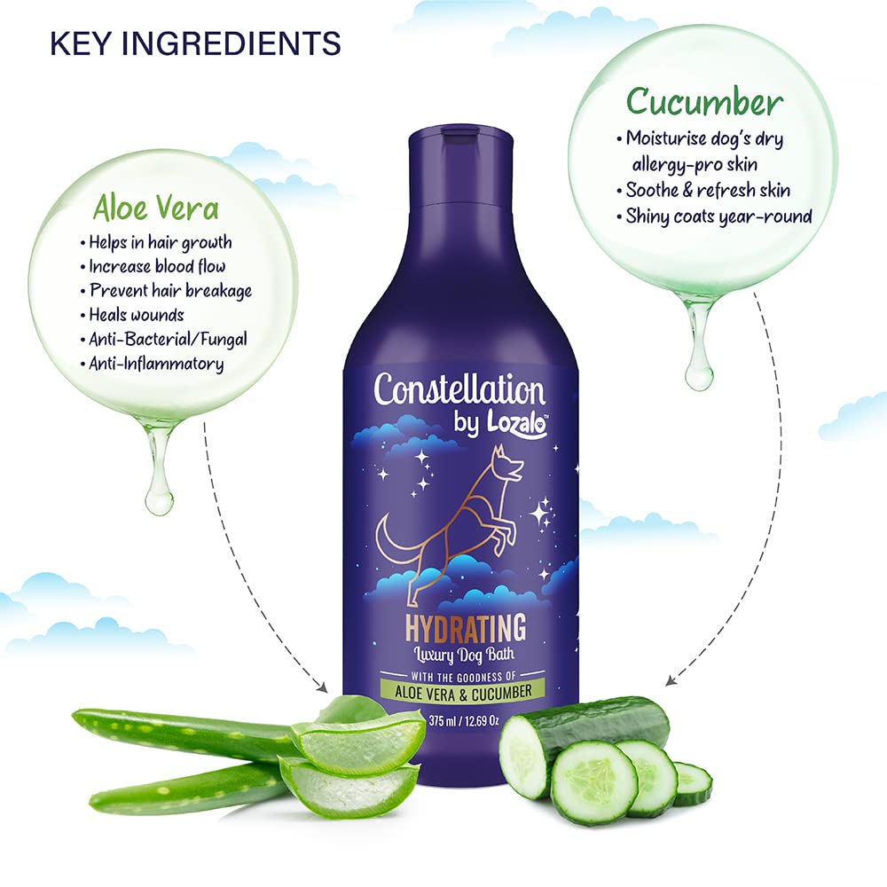 Constellation By Lozalo Hydrating Dog Shampoo, 375 ml, pH Balanced, Sulphate & Paraben Free Shampoo for Dog Breeds, with Aloe Vera & Cucumber Extract.